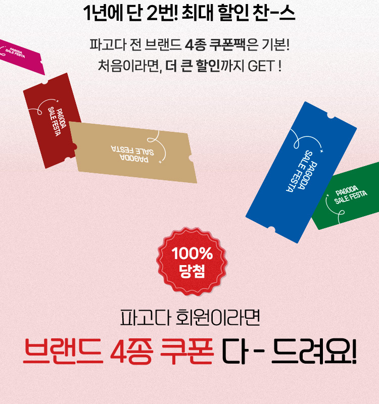 1년에 단 2번! 최대 할인 찬스! 파고다 전 브랜드 4종 쿠폰팩은 기본! 처음이라면,더 큰 할인까지 GET! 파고다 회원이라면 브랜드 4종 쿠폰 다 드려요! 100% 당첨